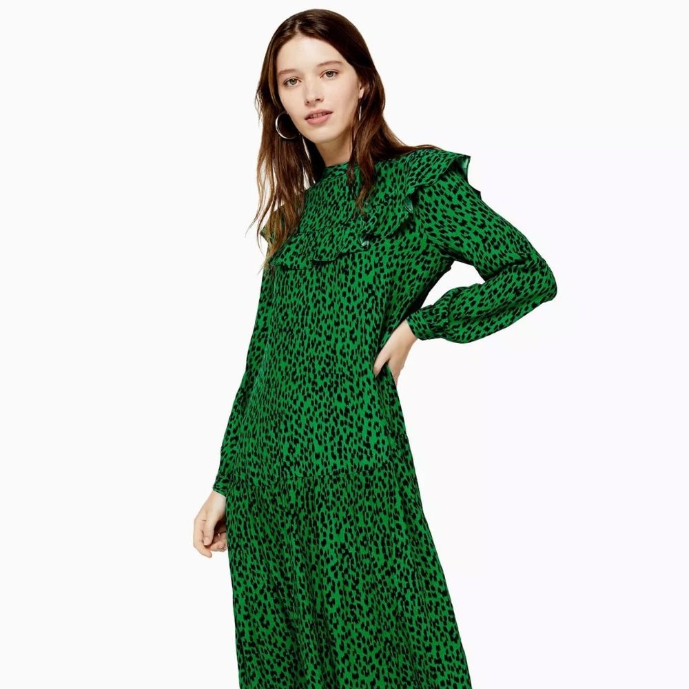 Green Animal-Print Long Sleeve Ruffle Dress